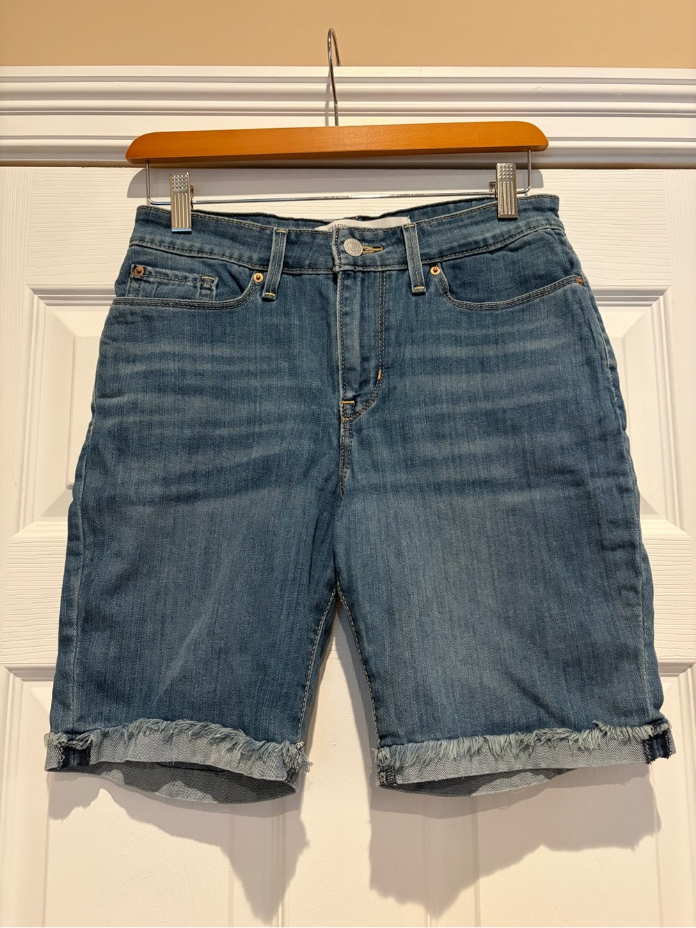 Signature by Levi Strauss Blue Denim Bermuda Shorts with Frayed Hem